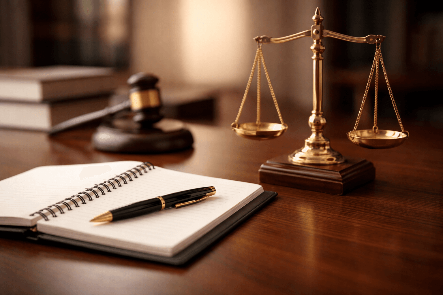 Escritorio jurídico con balanza de la justicia, mazo y cuaderno